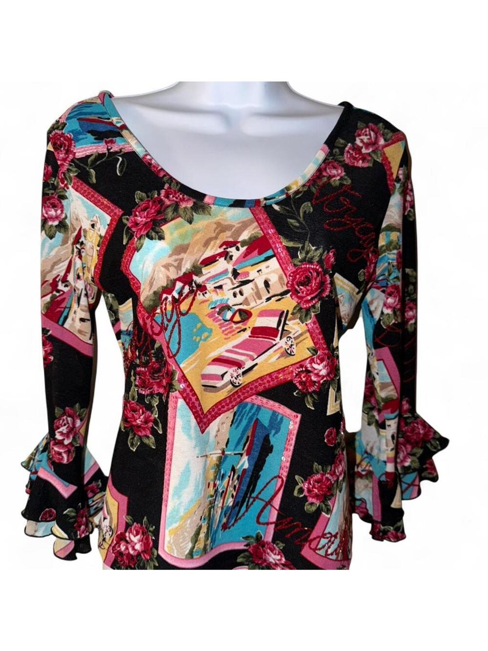 Vintage Vanity Y2K Postcard Print Top Sequin Ruffle Bell Sleeve Size Medium